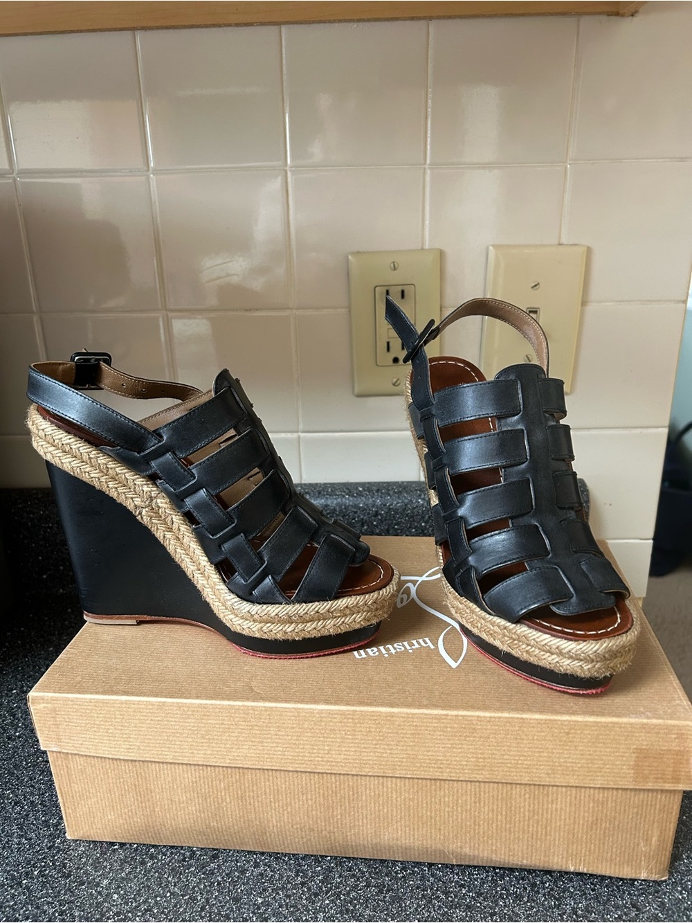 Christian Louboutin Black Woven Leather Espadrille Wedge Sandals